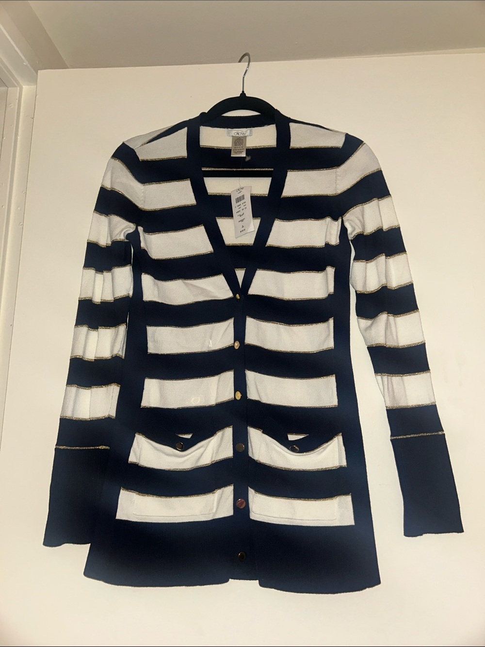 Cache Navy and White Striped V-Neck Cardigan